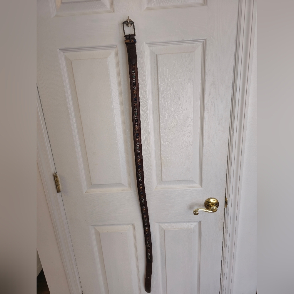 Columbia Men's Brown Leather Belt Multi Color Cotton Woven  Fabric Size 44 - Picture 13 of 17